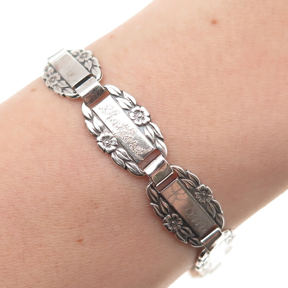 925 Sterling Silver Antique Art Deco Forget Me Not Engraved Link Bracelet 7.5"